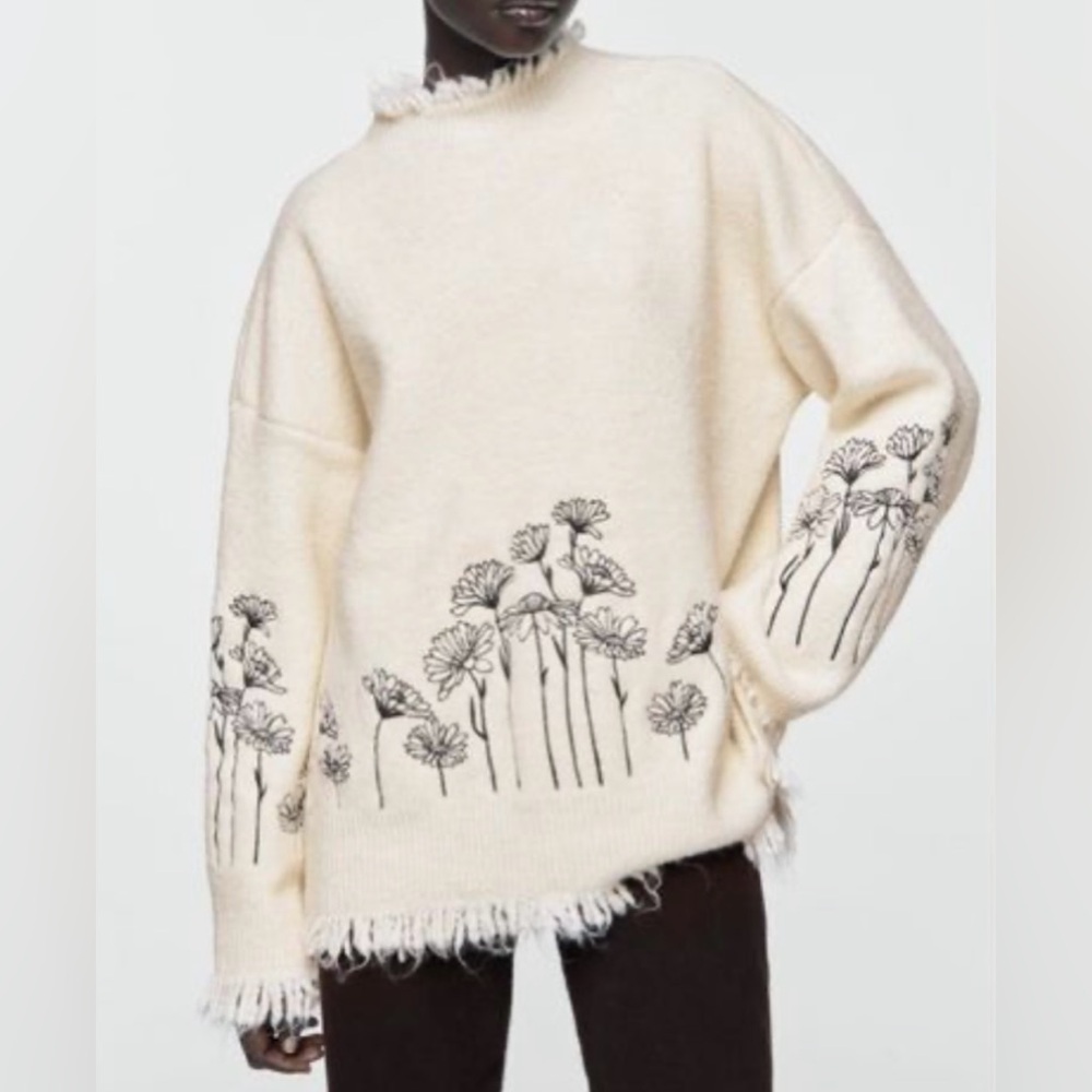 Zara Cream Sweater with Black Floral Design